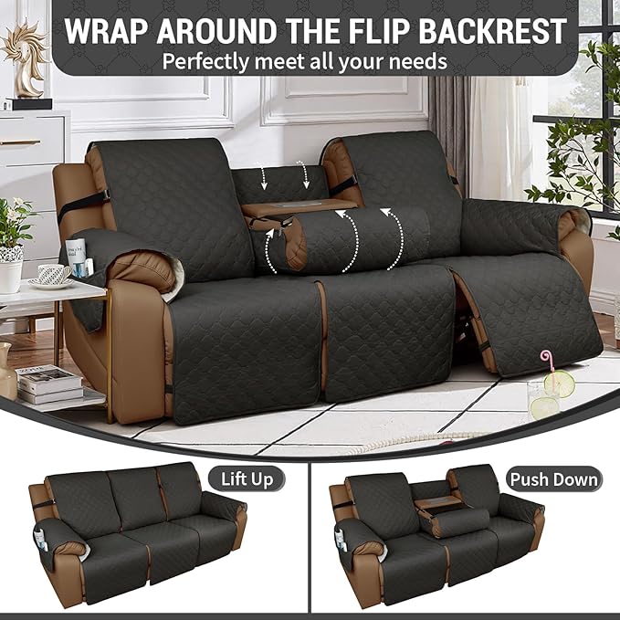 Waterproof Recliner Sofa Covers with Flipped Middle Backrest Washable Recliner Couch Covers Non-Slip with Elastic Straps Furniture Protector for Kid Dogs Pets (Dark Grey)