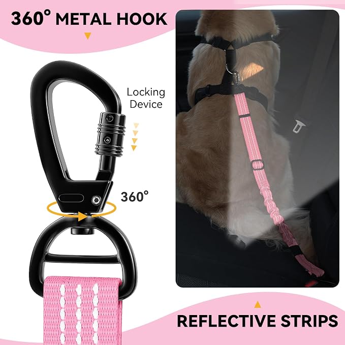Pawaboo 2Pack Dog Seatbelt for Car, 3-in-1 Dog Car Seat Belt, Shockproof Dogs Tether with Buckle & Hook Latch, Adjustable Reflective Dogs Cars Leash with 360° Lockable Buckle, Light Pink + Black