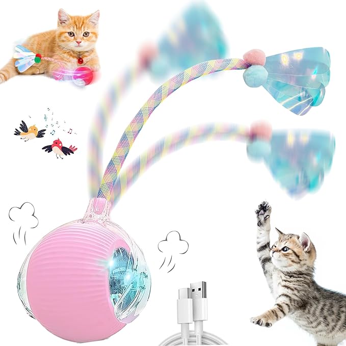 Speedy 2.0 Tail Interactive Cat Toys for Indoor Cats, Automatic Cat Toy with Elastic Mesh Tail, Electric Rolling Ball on Carpet, Chirping and Motion Activate Cat