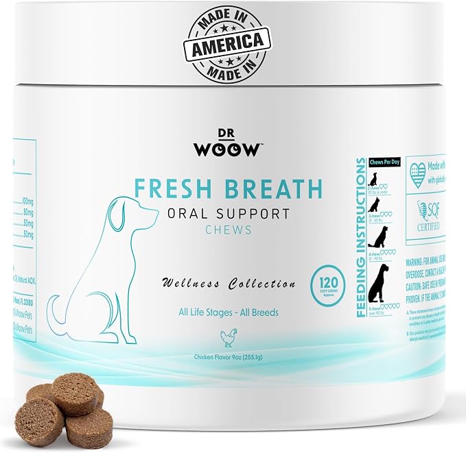 Fresh Breath Dental Chews for Dogs (120 Soft Chews) – Oral Care & Bad Breath Support – Turkey Tail Mushroom, Parsley & Kelp – Daily Teeth & Gum Support – Made in USA – Dr. Woow