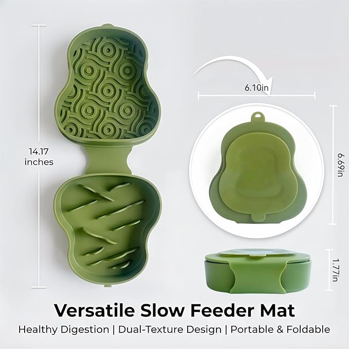Collapsible Dog Travel Bowl with Lid, Portable Slow Feeder & Lick Mat Combo, Mess-Free Clamshell Silicone Water Dish for Hiking (Green)
