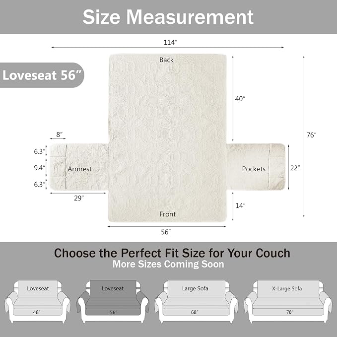 Ivory White Loveseat Couch Cover 2 Cushion Sofa, Water-Repellent Sofa Slipcover for Couch, Machine Washable Love Seat Quilted Couch Covers, Loveseat Slipcovers (Loveseat 56", Ivory White)