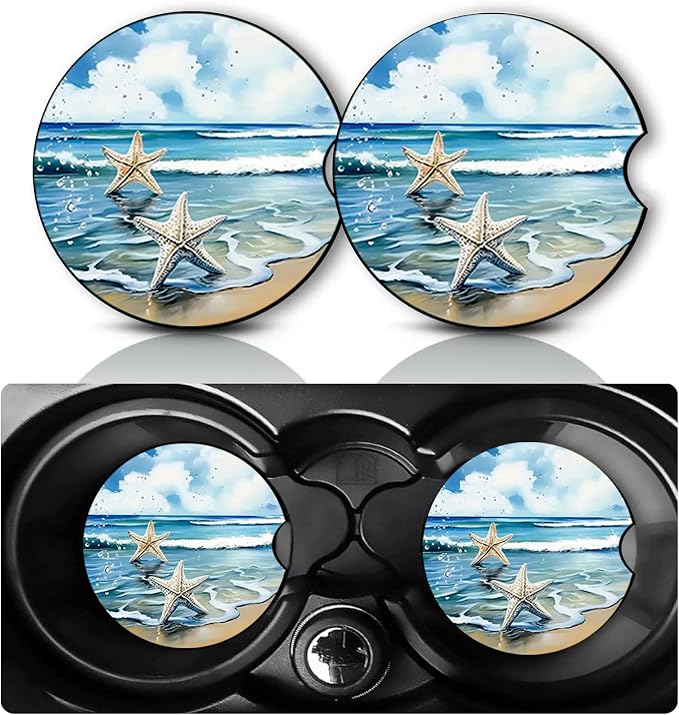 2Pack Beach Starfish Car Cup Holder Coaster,Ocean Gifts for Women Men,Vehicle Interior Drink Mat Reusable Neoprene Car Coasters for Cup Holders Decor,Charming Sea Automotive Interior Accessories