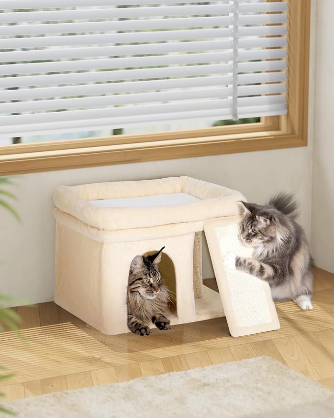 Aechonow Small Cat Tree Tower for Large Cat, Cat Bed House with Large Perch for Adult Cats, 20x16.5 Inch Big Platform for Indoor with Super Cozy Soft Mat, Large Cat Condo with Scratching Post, Beige
