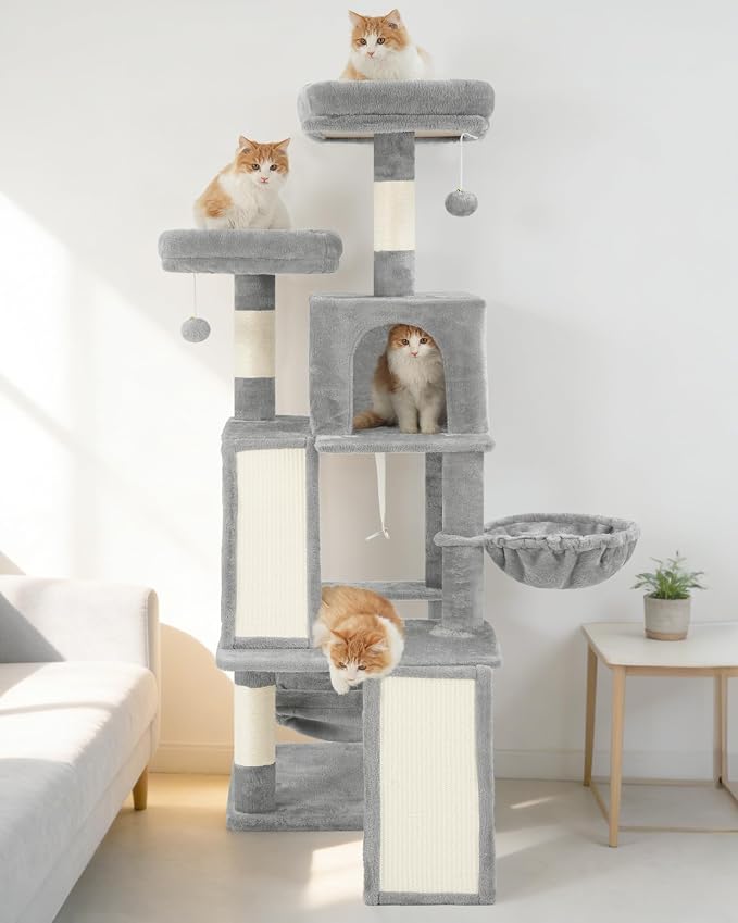 Gitelsnour Multi-Level Cat Tree for Indoor Cats, Cat Tower with 2 Scratching Boards, 2 Plush Padding Platforms, Cat Condo House with Hammock, Basket, Light Gray GCT022W