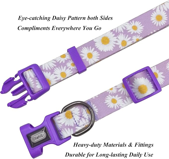 Dog Collar Leash Set, Floral Pattern, Polyester Material, Adjustable Collar and 5ft Matchcing Leash, for Large Dogs.(L, Light Purple Daisy)