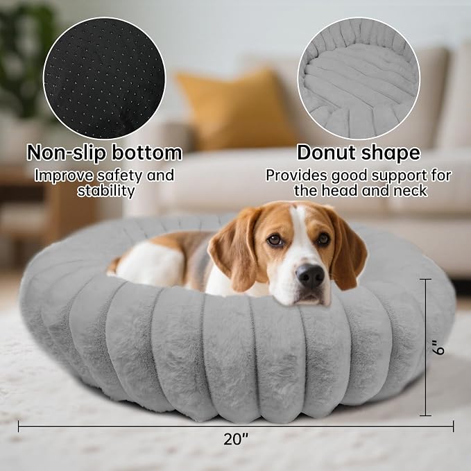Donut Dog and Cat Bed, Luxurious Comfortable Faux Rabbit Fur Pet Beds, Round Anti-Anxiety Calming Puppy Kitten Bed with Anti-Slip Bottom for Small Medium Dogs & Cats(20", Grey)