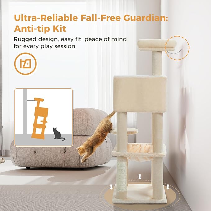 MUTTROS Cat Tree for Indoor Cats, 44.5" Multi-Level Cat Tower with Large Metal Frame Hammock, Cat Condo with 2 Scratching Posts and Top Perch for Small to Medium Cats, Beige