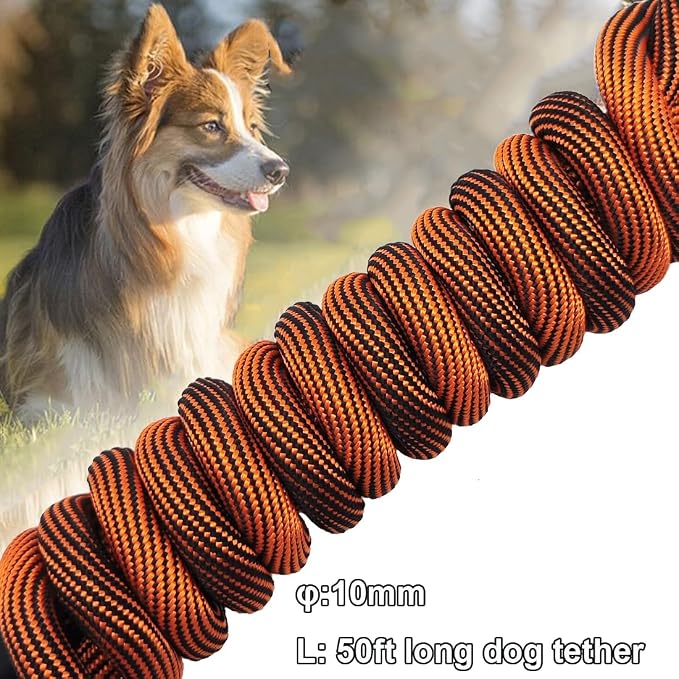 BTINESFUL Tie-Out Check Cord Long Rope Dog Leash, 8ft 12ft 20ft 30ft 50ft 75ft Recall Training Dog Lead, Large Medium Dogs Tether for Outdoor Playing, Camping, or Backyard (50ft, Orange Black)