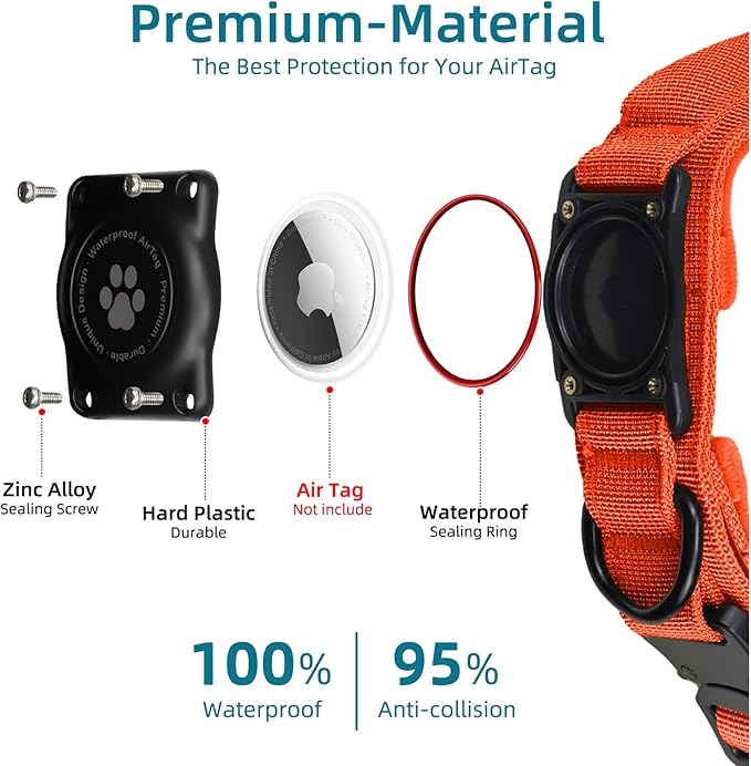 Tactical AirTag Dog Collar, 100% Waterproof Integrated Apple Air Tag Dog Collars with Hard PC AirTag Holder, Adjustable Military Collar with Handle, GPS Dog Collar for Medium Large Dogs(Orange,L)