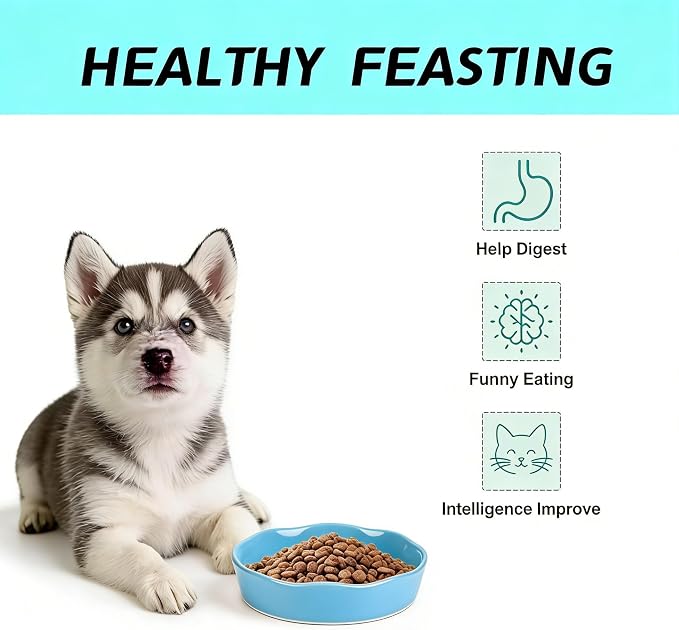 Pet Feeding Bowls, Ceramic Slow Feeder Dog Bowl - Heavy Weighted Blue Bloom Food Dish for Small to Medium Dogs - Non-Slip, Microwave & Dishwasher Safe Pottery Maze to Fast Eating