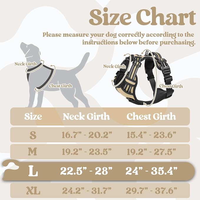 rabbitgoo Dog Harness for Large, No Pull Easy On & Off with 3 Buckles Pet Harness, Adjustable Soft Walking Vest with 2 Clips and Handle, Reflective for Large Dogs, Beige, L