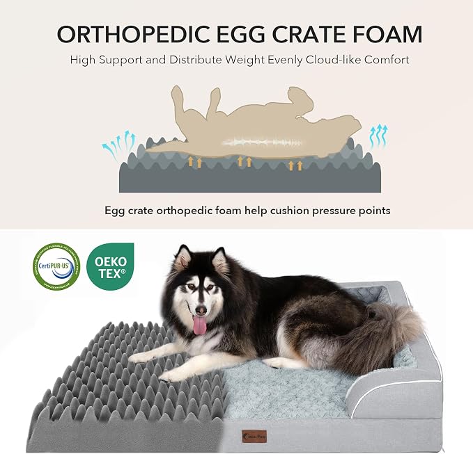 Orthopedic Dog Beds for Extra Large Sized Dogs 48x30 Inch, XL Waterproof Egg Crate Foam Dog Sofa Bed with Removable Washable Cover Big Pet Couch with Bolster & Non-Slip Bottom, Light Grey