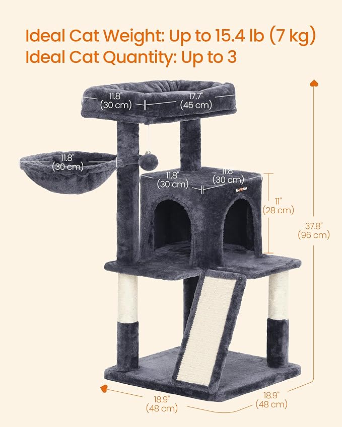 Feandrea Cat Tree, 37.8-Inch Cat Tower, Multi-Level Condo with Widened Perch, Scratching Posts and Ramp, 2-Door Cave, Hammock, Smoky Gray UPCT51G