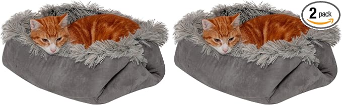 Furhaven Self-Warming Cat Bed for Indoor Cats, 4-Beds-in-1 & Washable - Plush Long Faux Fur Convertible Cuddler - Gray, Small (Pack of 2)