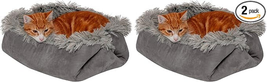 Furhaven Self-Warming Cat Bed for Indoor Cats, 4-Beds-in-1 & Washable - Plush Long Faux Fur Convertible Cuddler - Gray, Small (Pack of 2)