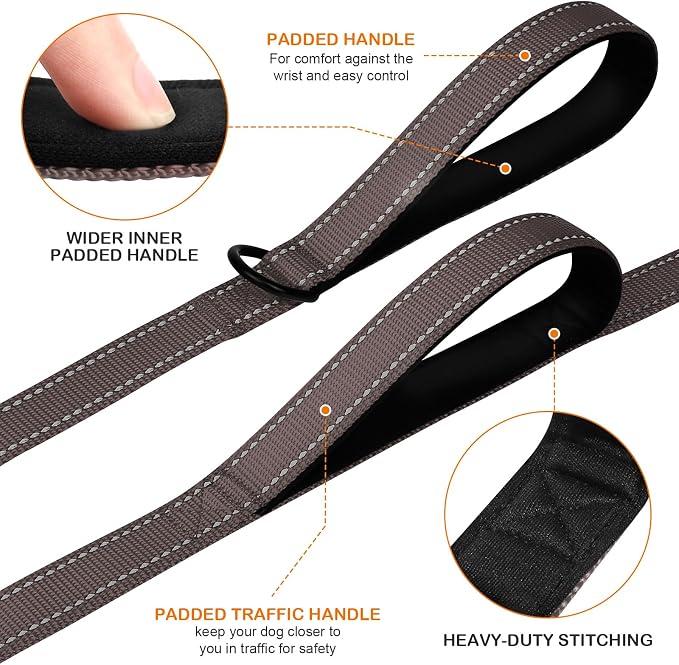 Joytale Dog Leash Heavy Duty for Large Dogs that Pull, Double Handle for Traffic Control, Double-Sided Reflective Leashes for Large Medium Dogs Night Safety, 4FT, Brown