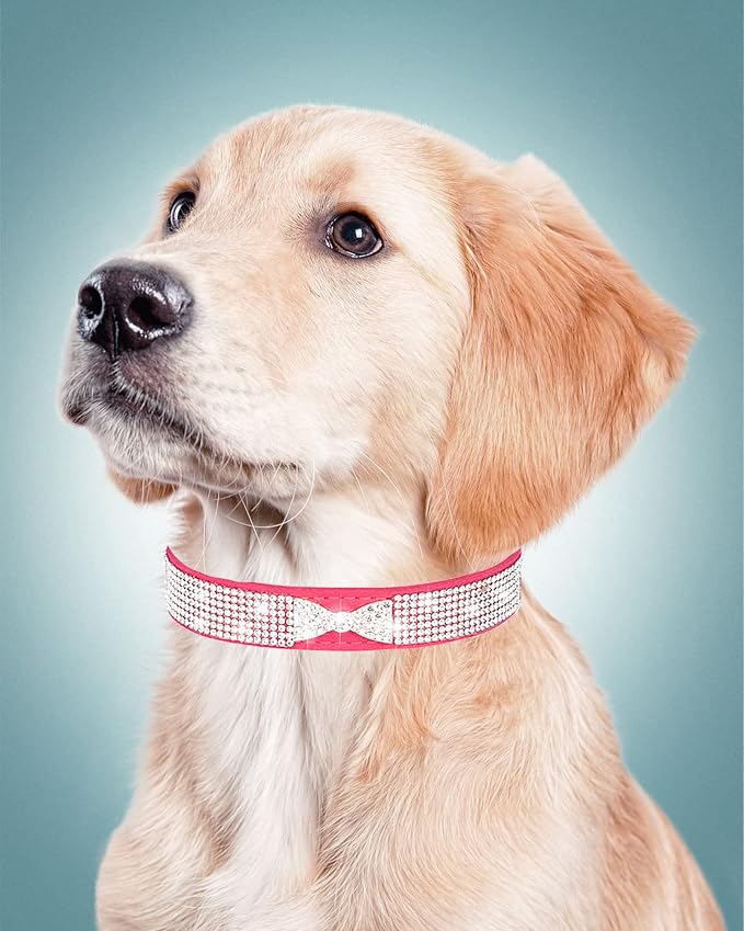 Dog Collar for Small Dogs, Adjustable Leather Suede Bling Dog Collars，Pink Dog Collar Cat Collar, Rhinestone Dog Collar (L, Rose red4)