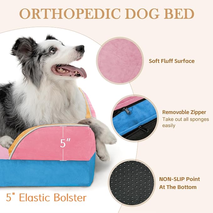 Comfort Expression Orthopedic Dog Bed for Extra Large Dogs 42x30 Inch, Waterproof Egg Crate Foam XL Pet Bed with Bolsters, Dog Couch with Washable Cover & Non-Slip Bottom, Bubblegum Cove