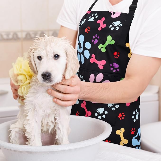 Dog Grooming Waterproof Apron with 2 Pockets, Cute Animals Puppy Dog Pets Apron