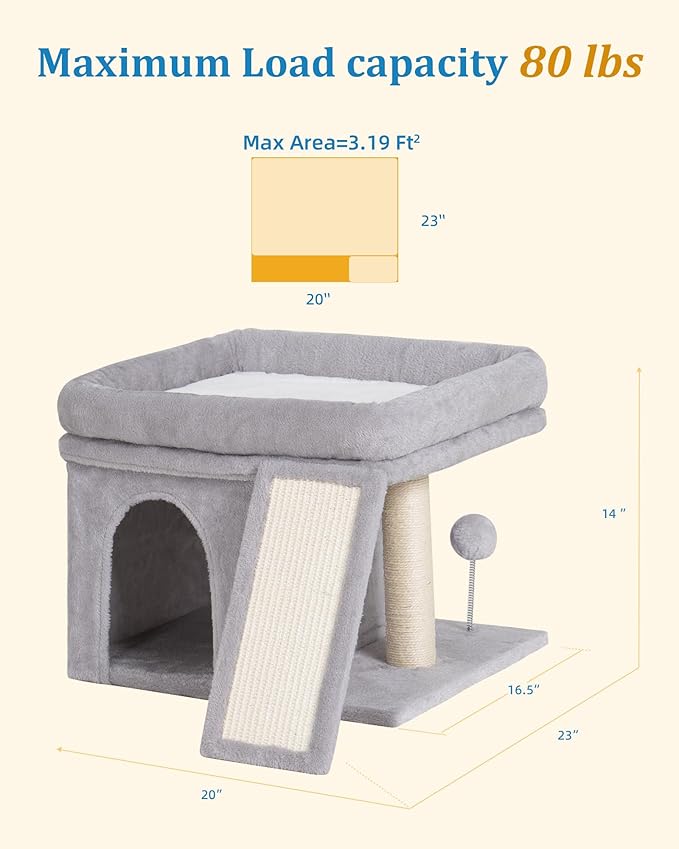 Aechonow Cat Tree Tower for Large Cat, Cat Bed House with Large Perch for Adult Cats, 20x16.5 Inch Big Platform for Indoor with Super Cozy Mat, Large Condo with Scratching Post, Light Gray