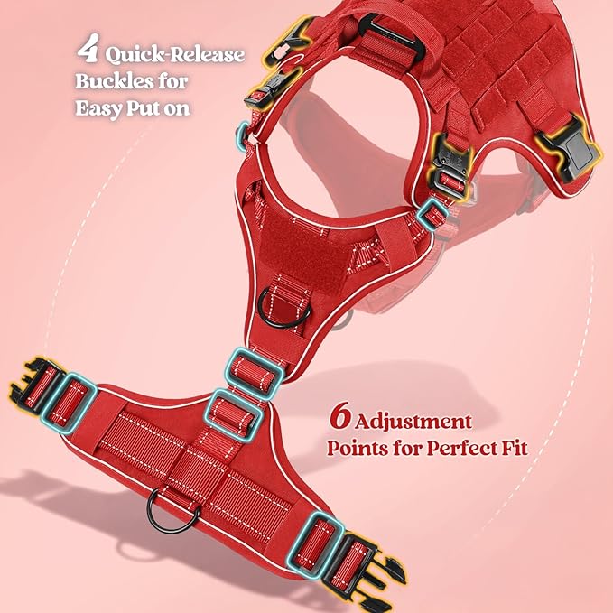rabbitgoo Tactical Dog Harness Medium Sized, No Pull Upgraded Reflective Heavy Duty Molle Vest with Handle, Adjustable Military Service Dog Vest for Walking Hiking Training, Red, M