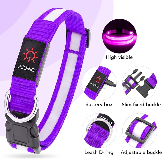 VIZPET LED Dog Collar, Light Up Dog Collar Adjustable USB Rechargeable Super Bright Safety Light Glowing Collars for Dogs (Purple, Small[11.02-15.74 inch/28-40cm])