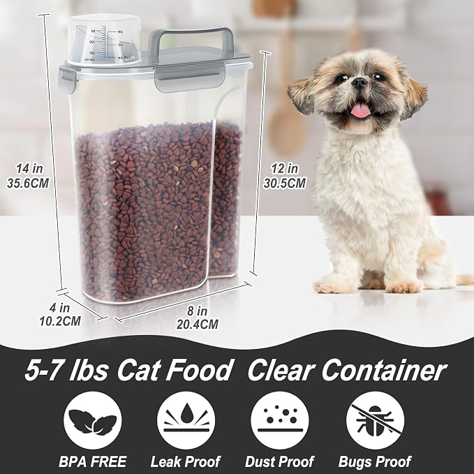 LEAWALK 5-7Lbs Dog Cat Food Storage Container with Upgraded Large Nozzle BPA-free, 4 Snap Seals Plastic Pet Food Storage Containers with Handles (Claer(Pink+Grey), 5L-2pack)