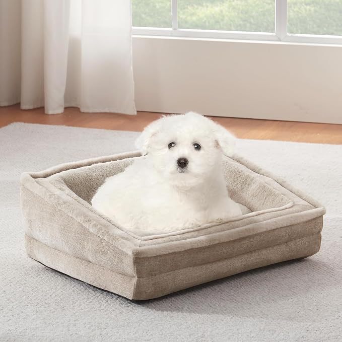 Laojin Balhen Cat Couch for Pets, Washable Cat Beds for Indoor Cats, Super Soft Plush Supportive Dog Couch Bed for Puppy and Kitten with Anti-Slip Bottom, 26inch, Beige