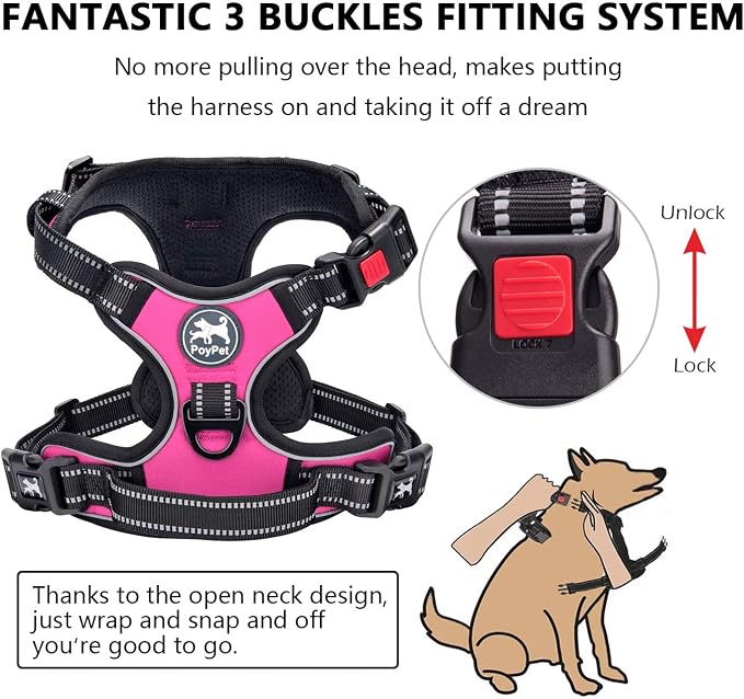 PoyPet No Pull Dog Harness, No Choke Front Lead Dog Reflective Harness, Adjustable Soft Padded Pet Vest with Easy Control Handle for Small to Large Dogs(Pink,L)