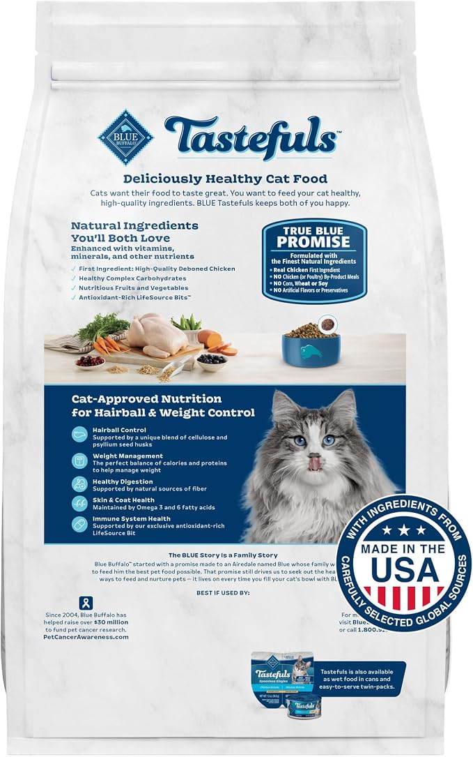 Blue Buffalo Tastefuls Chicken & Brown Rice Recipe Adult Indoor Dry Cat Food for Weight Control & Hairball Control, Real Chicken First, Natural Cat Food Made with Natural Ingredients, 7 lbs.