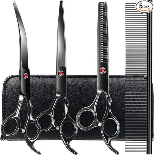 TINMARDA Dog Grooming Kit, Titanium Black Stainless Steel Dog Grooming Scissors with Curved Shears, Black Finger Rings - 4 Piece Sharp Durable Pet Shears for Dogs Cats At Home Salon-Quality Grooming