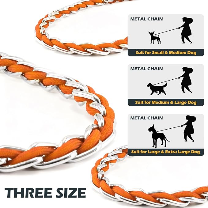 Chain Dog Leash Chew Proof Metal Leash for Medium Large Dogs, Chain Link Dog Anti Chew 5.2FT / 4FT Strong Anti Bite Comfortable Soft Padded Handle (Orange, 5FT(30-80lb)