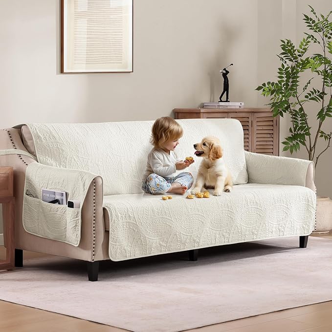 Quilted Grand Sofa Covers for 4 Cushion Couch, Couch Cover for Grand Sofa Washable, Soft Cozy Couch Protector, Oversized Grand Sofa Slipcovers Water-Repellent (Grand Sofa 98", Ivory White)