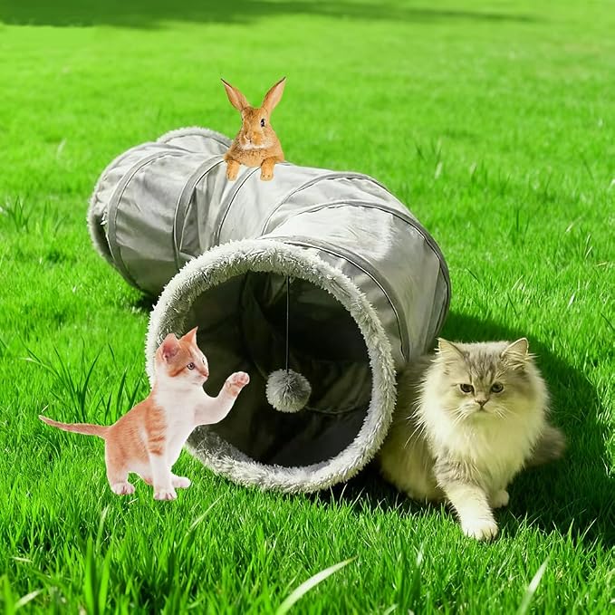 2-Way Collapsible Cat Tunnel Tube Toy Pack— Interactive Play Tunnel with Peek Holes, Ball and Wand Toy for Indoor Cats, Kittens, Puppies & Rabbits | Hours of Fun & Exercise