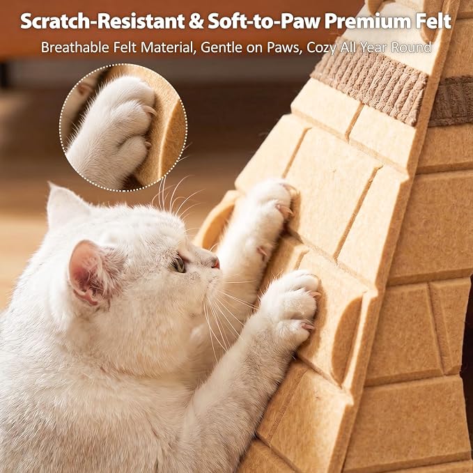 Cat House for Indoor Cats, Scratch-Resistant Cat Cave Bed, Felt Cat Scratch House Hideaway with Pharaoh Headdress, 17x17x20