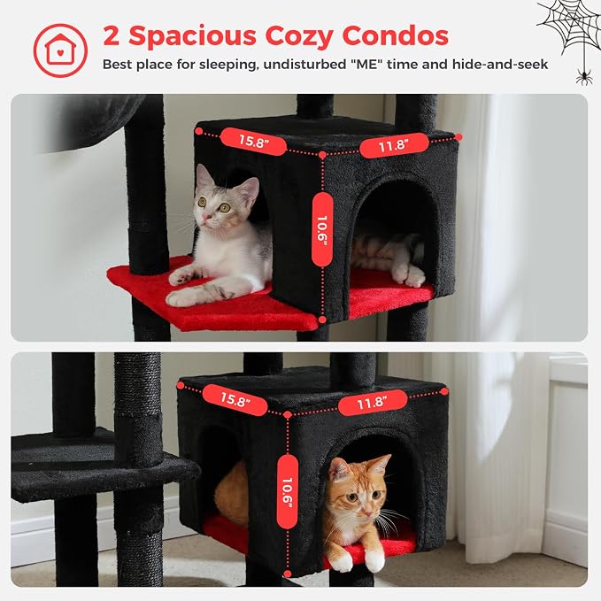 69” Gothic Cat Tree for Indoor Cats Large Adult, Multi-Level Cat Tower with Scratching Post, Dual Top Perches, Big Hammock, 2 Condos & Bat Toy Ball, Cat Furniture for Multi-Cat Households, Black