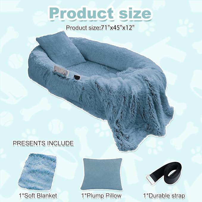YAEM Human Dog Bed for Adult and Pets - 71"x45"x12" Dogs Beds for Humans with Washable Faux Fur Cover, Plump Pillow, Blanket, Orthopedic Design, Strap-Navy