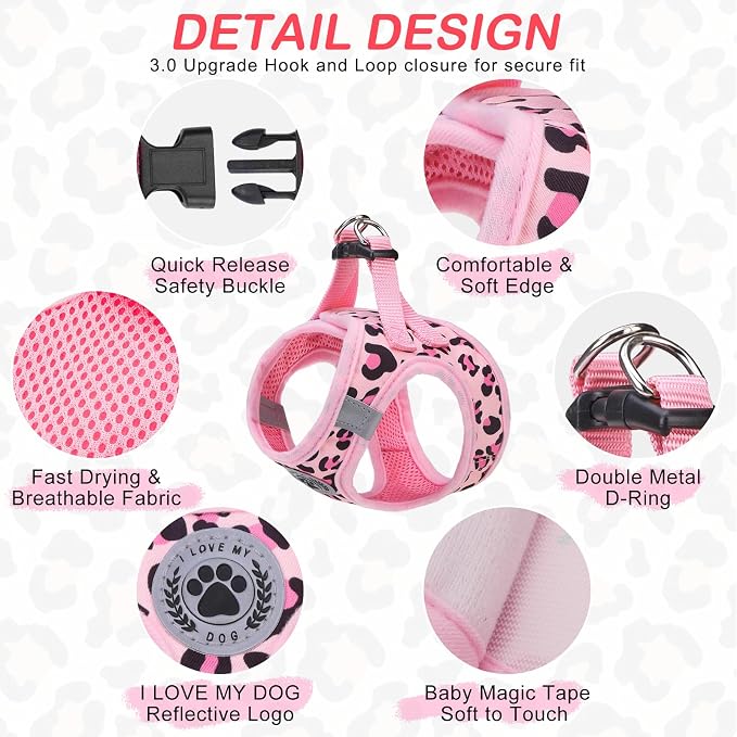 BEAUTYZOO Step in Dog Harness and Leash Set,Reflective Dog Harness No Pull No Choke Puppy Harness for Small Medium Large Dogs Cats,Soft Padded Mesh Vest Harnesses for Girl and Boy Pet,Leopard Pink XS