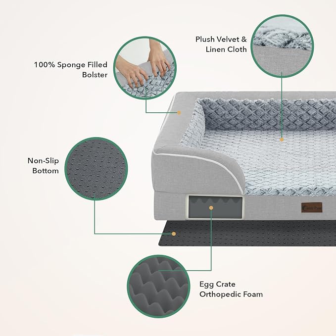 Orthopedic Dog Beds for Extra Large Sized Dogs 48x30 Inch, XL Waterproof Egg Crate Foam Dog Sofa Bed with Removable Washable Cover Big Pet Couch with Bolster & Non-Slip Bottom, Light Grey