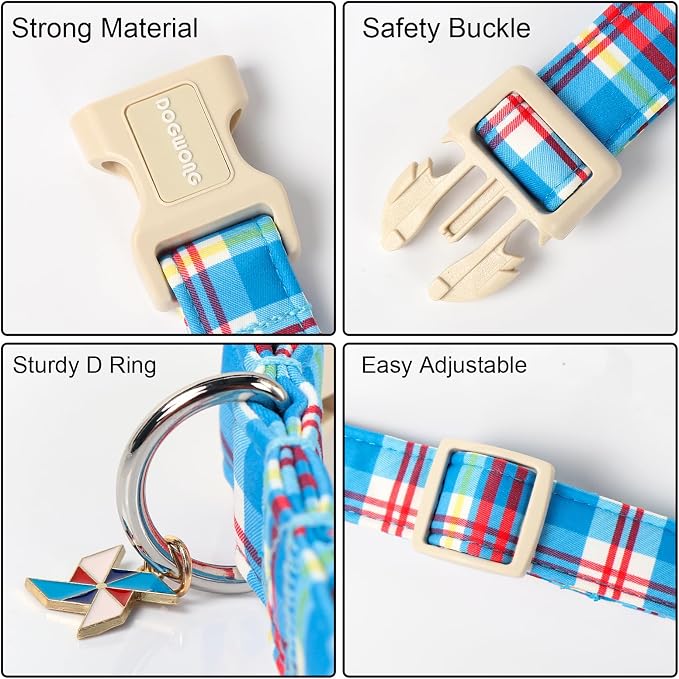 DOGWONG Blue Plaid Dog Collar- Cute Checkered Dog Collars Adjustable Designer Blue Puppy Dog Collar for Small Medium Large Dogs M