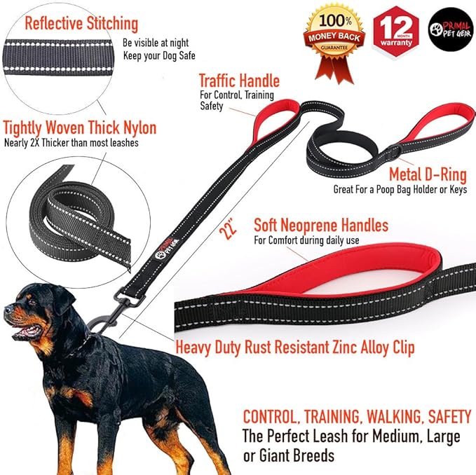 Primal Pet Gear Dog Leash 8ft Long - Black - Traffic Padded Two Handle - Heavy Duty - Double Handles Lead for Control Safety Training - Leashes for Large Dogs or Medium Dogs - Dual Handles Leads