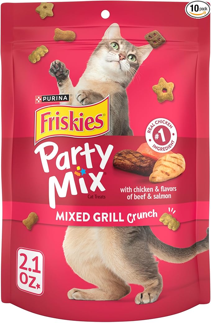 Purina Friskies Cat Treats, Party Mix Mixed Grill Crunch - (Pack of 10) 2.1 oz. Pouches