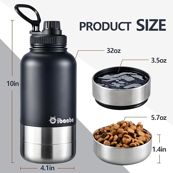 Cibaabo Insulated Dog Water Bottle with 2 Bowls, 32oz Travel Stainless Steel Double Wall Thermos, Portable Pet Dispenser, Gifts for Puppy Small Medium Dogs Walking Hiking and Camping