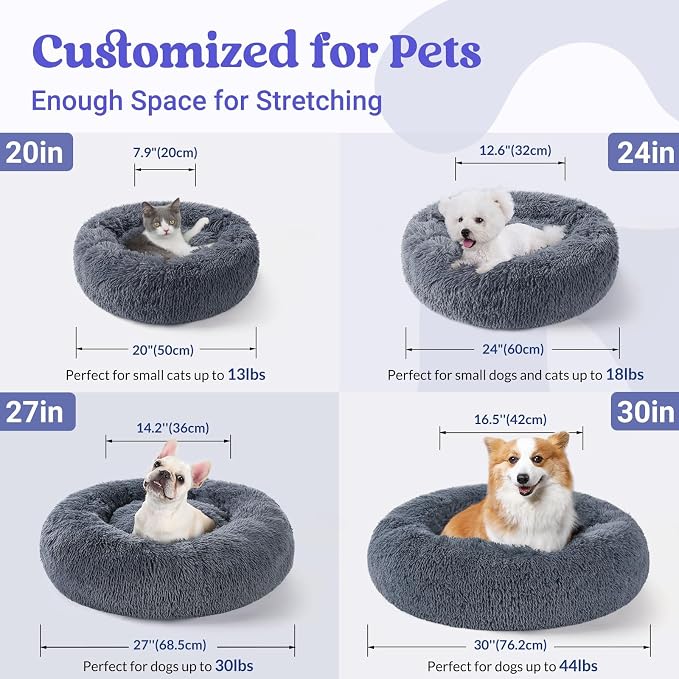 rabbitgoo Calming Dog Bed for Small Medium, 27 inches Pet Bed Machine Washable, Non-Slip Round Fluffy Plush Faux Fur, Soft Donut Cuddler Cushion for Small Dogs, Dark Grey