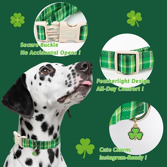 Maca Bates Spring Green Dog Collar with Clover Charm,Irish Plaid Pattern for Medium Girl Boy Dogs, Adjustable Durable Soft Gingham Collars for Male Female Puppy