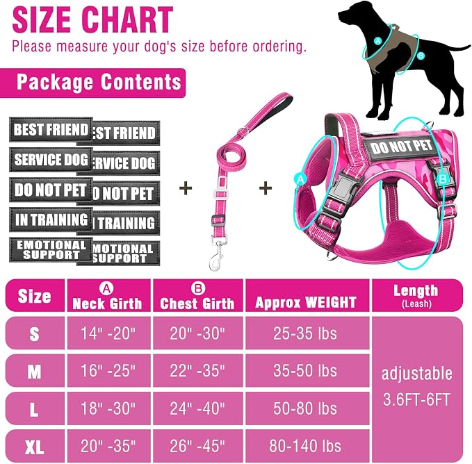 Tactical Service Dog Vest and Leash Set,Heavy Duty No Pull Dog Harness and 10 Patches with Dog Seat Belt for Large Dogs,Reflective Pet Harness for Training Walking Hiking Camo Pink L