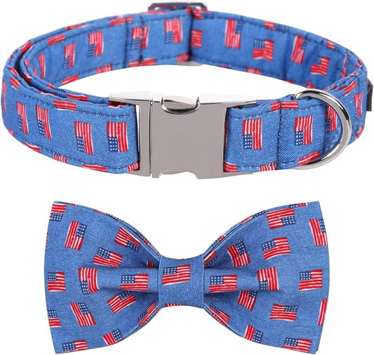 Maca Bates American Flag 4th of July Dog Collar with Bow Tie for Dogs Bowtie 4 of 7 Flags Blue Adjustable Durable Patriotic Collars USA Independence Day Gift for Small Medium Large XL Boy Girl Puppy