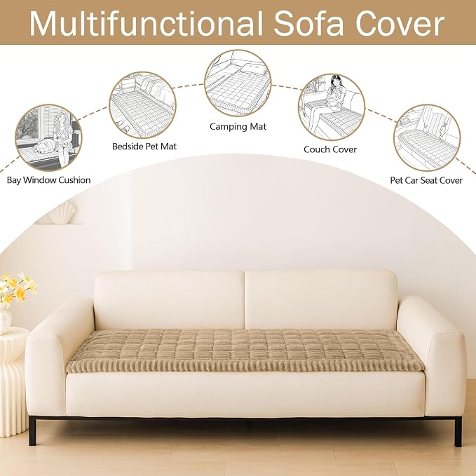 hyha Couch Cover for Dogs Washable, Non Slip Thick Flannel Sofa Protector, Pet Friendly Plush Furniture Cover for Sectional Sofa & Loveseat (Khaki, 27.6" x 70.9")