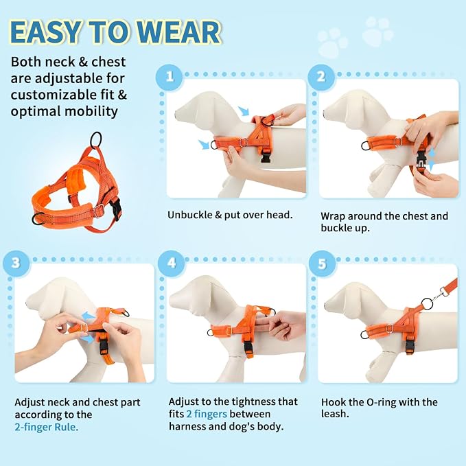 Lukovee No Pull Dog Harness and Leash Set, Soft Padded Small Dog Harness, Neck & Chest Adjustable Reflective Vest Puppy Harness with 4ft Lightweight Anti-Twist Dog Leash for Small Dogs (Orange, XXS)